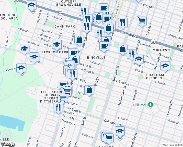map of restaurants, bars, coffee shops, grocery stores, and more near 37 West 52nd Street in Savannah