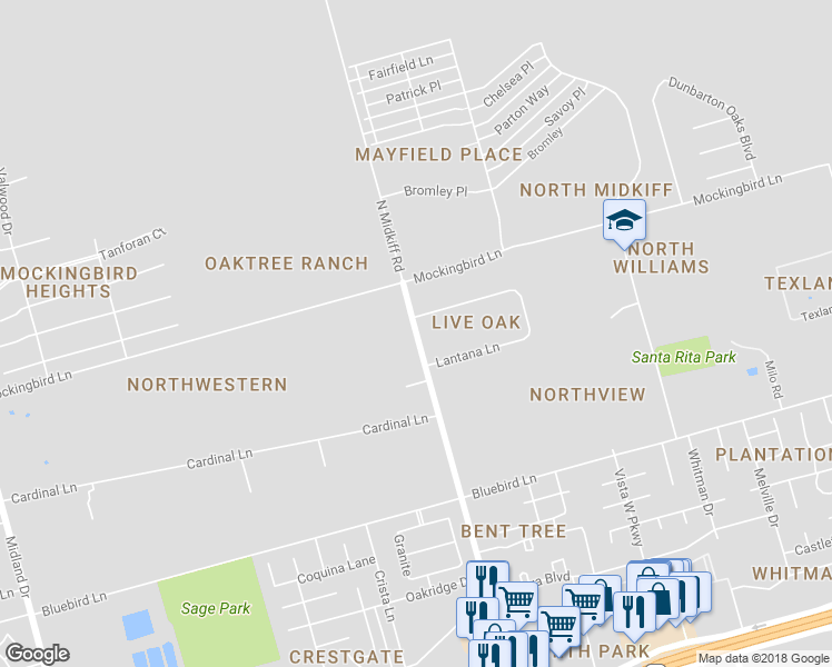 map of restaurants, bars, coffee shops, grocery stores, and more near North Midkiff Road in Midland