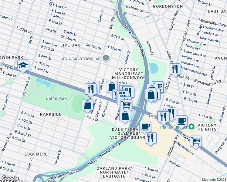 map of restaurants, bars, coffee shops, grocery stores, and more near 13 Hibiscus Avenue in Savannah
