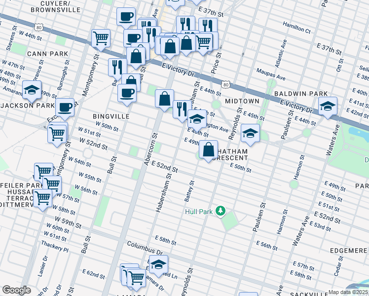map of restaurants, bars, coffee shops, grocery stores, and more near 204 East 50th Street in Savannah