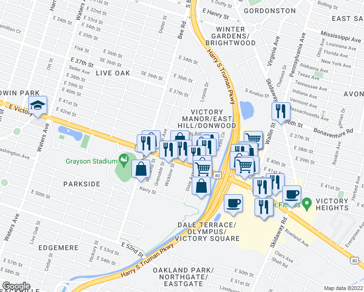 map of restaurants, bars, coffee shops, grocery stores, and more near 13 Hibiscus Avenue in Savannah