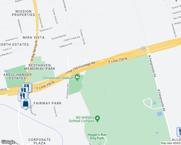 map of restaurants, bars, coffee shops, grocery stores, and more near Loop 250 Frontage Road in Midland