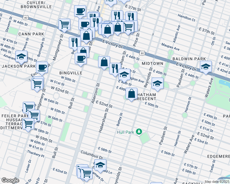 map of restaurants, bars, coffee shops, grocery stores, and more near 204 East 50th Street in Savannah