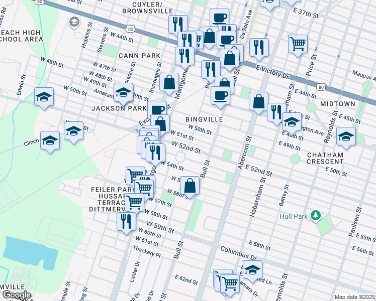 map of restaurants, bars, coffee shops, grocery stores, and more near 37 West 52nd Street in Savannah