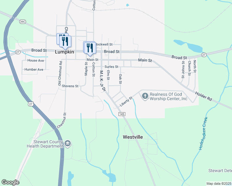 map of restaurants, bars, coffee shops, grocery stores, and more near 51 Woodall Street in Lumpkin