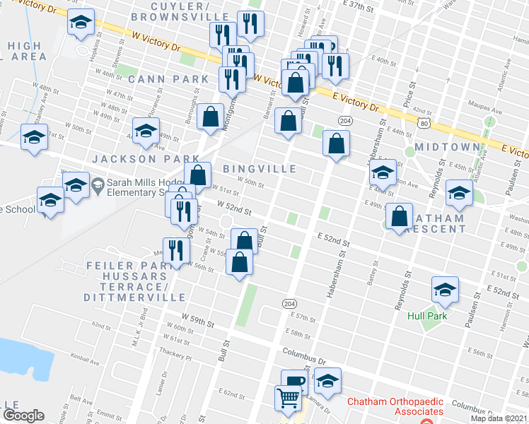 map of restaurants, bars, coffee shops, grocery stores, and more near 4 West 52nd Street in Savannah
