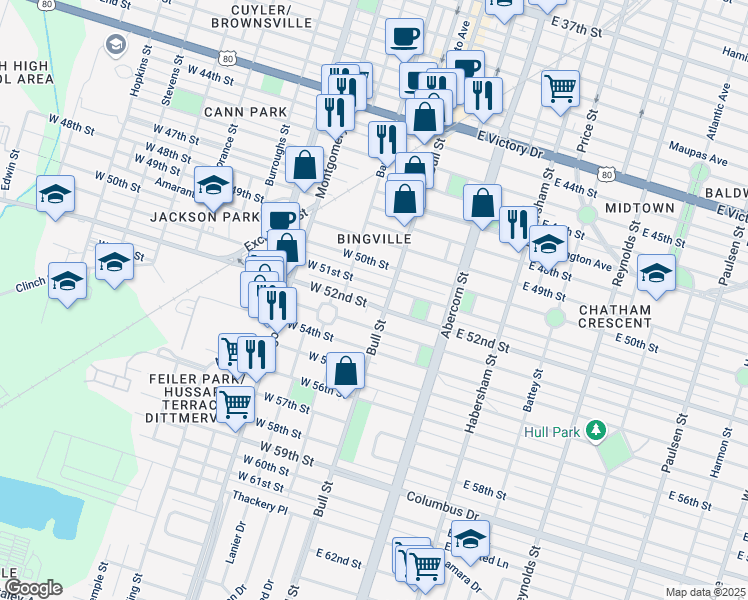 map of restaurants, bars, coffee shops, grocery stores, and more near 4 West 52nd Street in Savannah