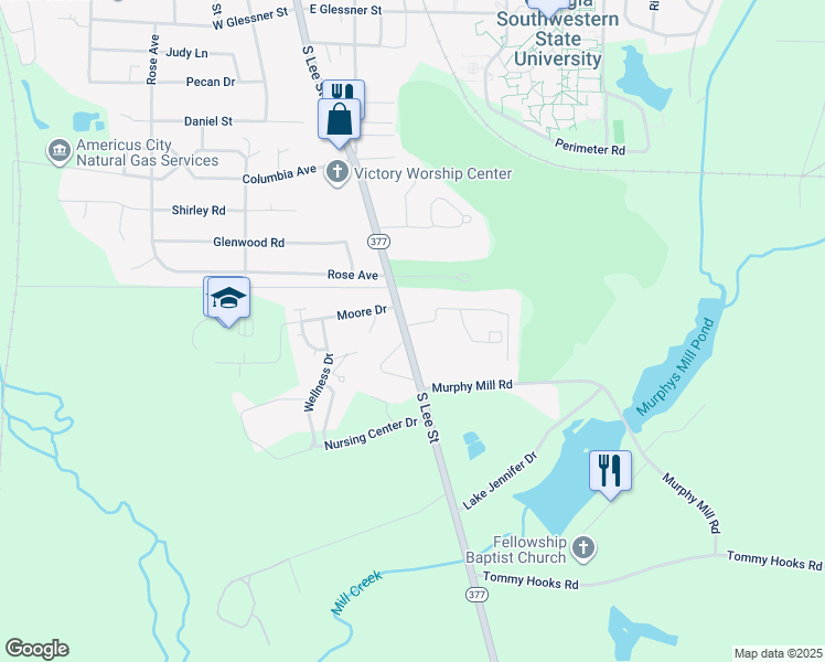 map of restaurants, bars, coffee shops, grocery stores, and more near 2006 South Lee Street in Americus
