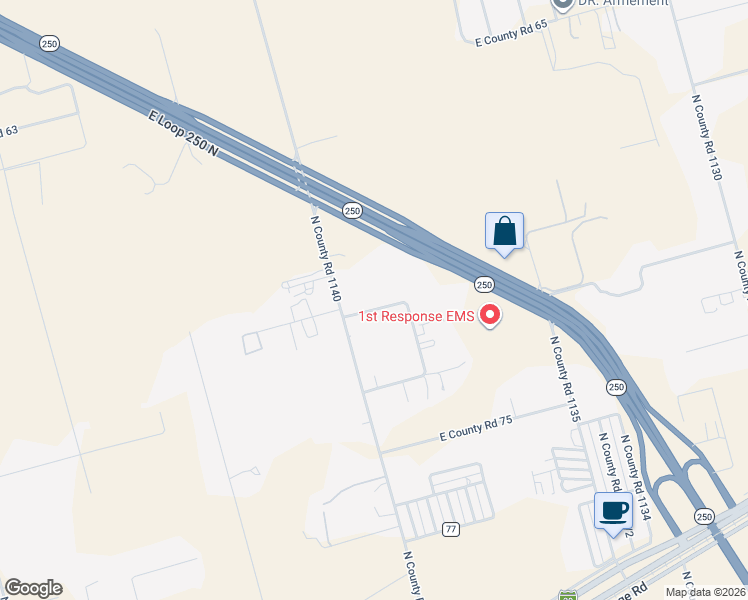 map of restaurants, bars, coffee shops, grocery stores, and more near 5101 East County Road 71 in Midland