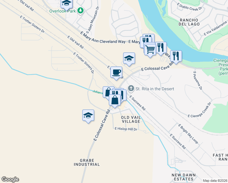map of restaurants, bars, coffee shops, grocery stores, and more near 13185 East Colossal Cave Road in Vail