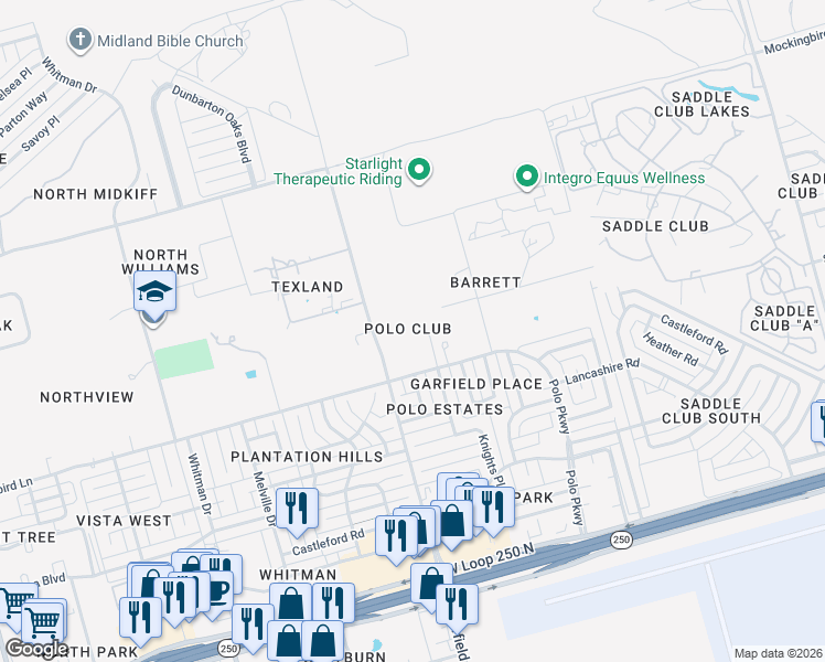 map of restaurants, bars, coffee shops, grocery stores, and more near 2108 Bluebird Ln in Midland