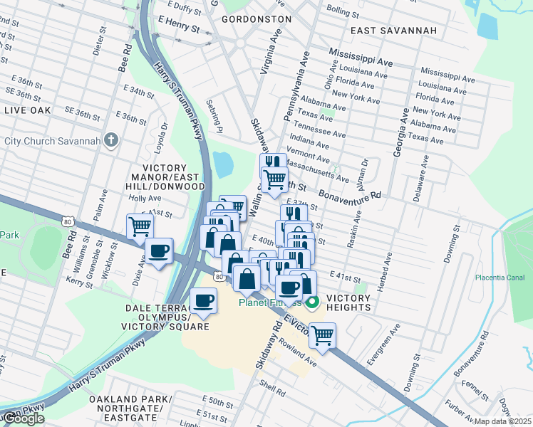 map of restaurants, bars, coffee shops, grocery stores, and more near 2033 Skidaway Road in Savannah