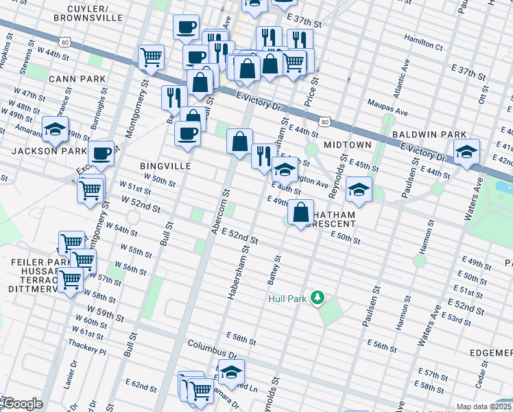 map of restaurants, bars, coffee shops, grocery stores, and more near 204 East 50th Street in Savannah