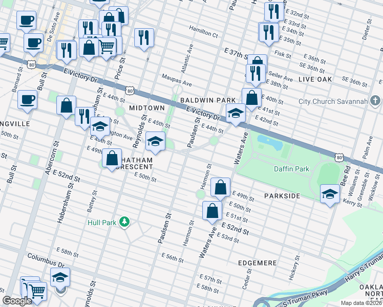 map of restaurants, bars, coffee shops, grocery stores, and more near 605 Washington Avenue in Savannah