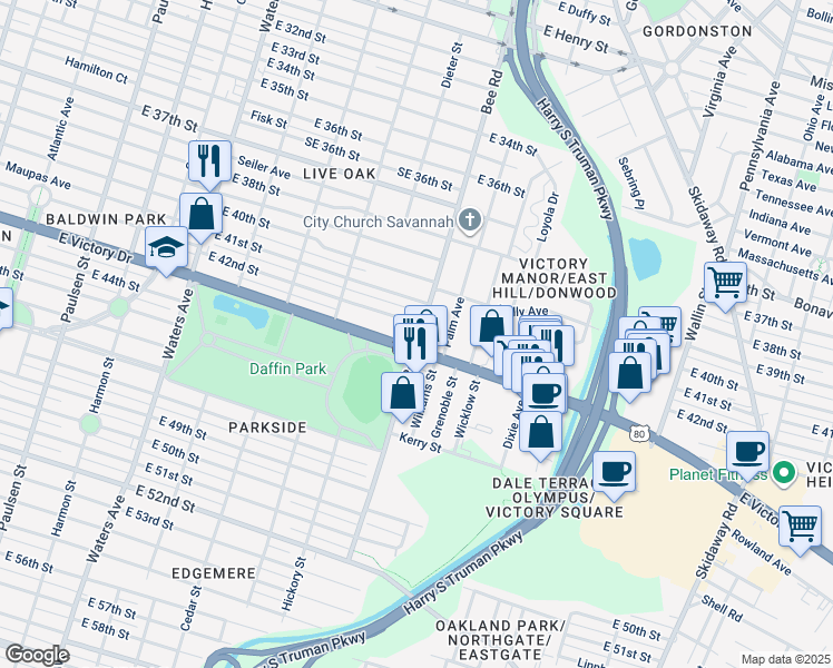 map of restaurants, bars, coffee shops, grocery stores, and more near 1500 East Victory Drive in Savannah