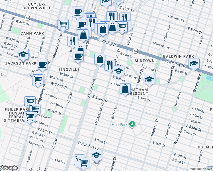 map of restaurants, bars, coffee shops, grocery stores, and more near 204 East 50th Street in Savannah