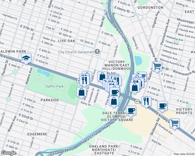 map of restaurants, bars, coffee shops, grocery stores, and more near 2 Palm Avenue in Savannah
