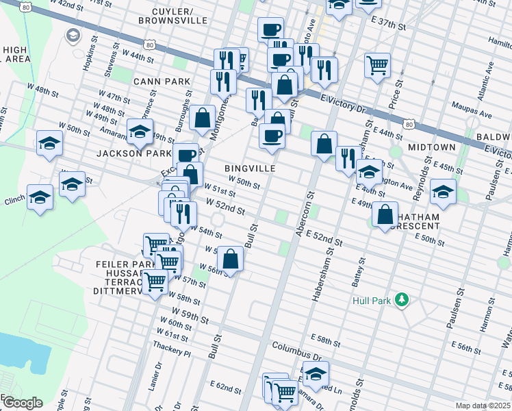 map of restaurants, bars, coffee shops, grocery stores, and more near 3503 Bull Street in Savannah