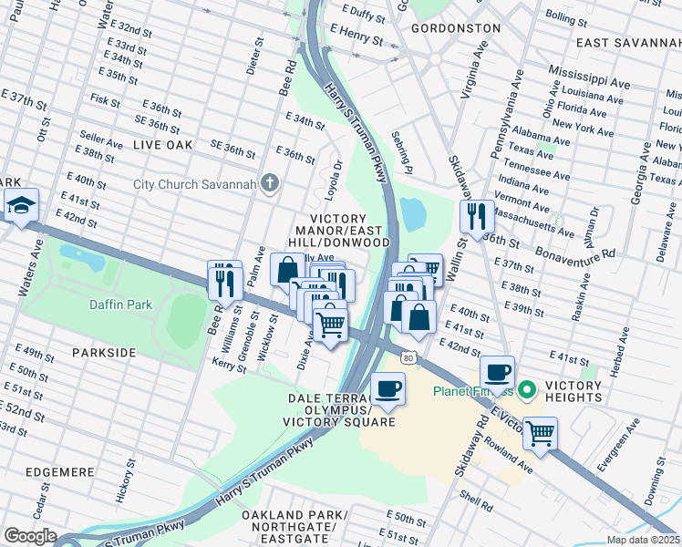 map of restaurants, bars, coffee shops, grocery stores, and more near 1810 East 41st Street in Savannah