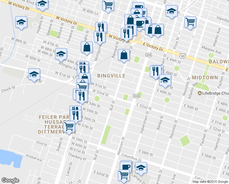 map of restaurants, bars, coffee shops, grocery stores, and more near 4 West 52nd Street in Savannah