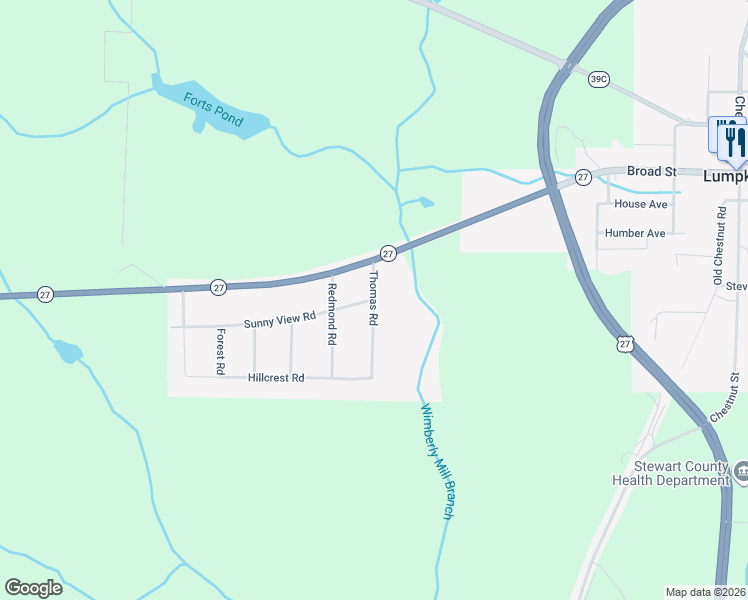 map of restaurants, bars, coffee shops, grocery stores, and more near Thomas Road in Lumpkin