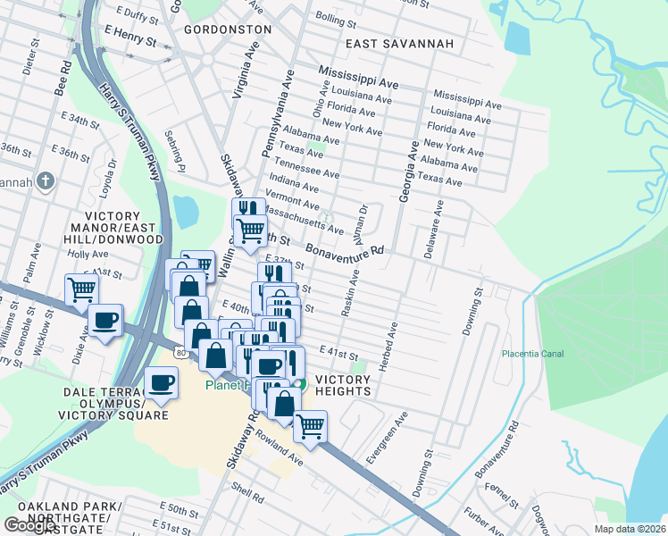 map of restaurants, bars, coffee shops, grocery stores, and more near 2223 East 37th Street in Savannah