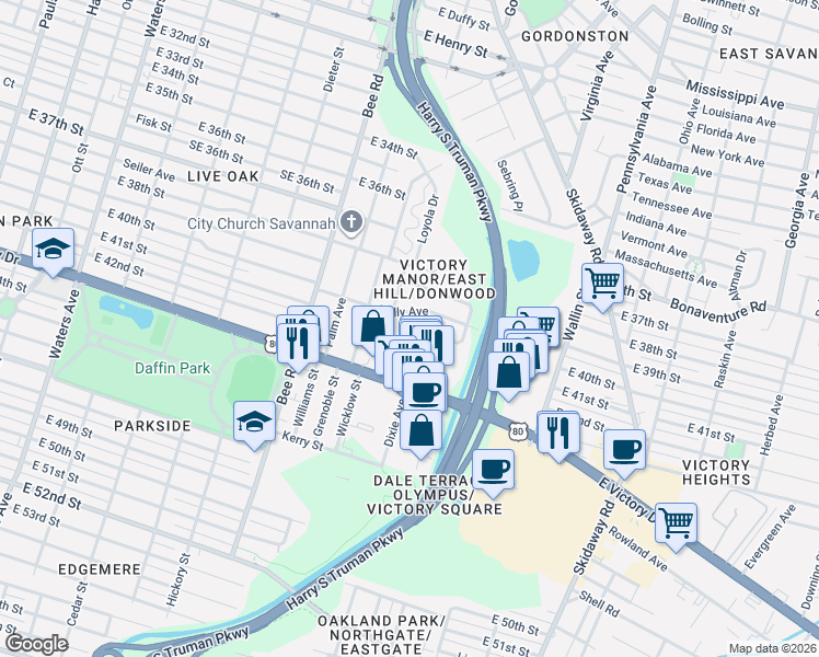 map of restaurants, bars, coffee shops, grocery stores, and more near 15 Victory Manor Place in Savannah