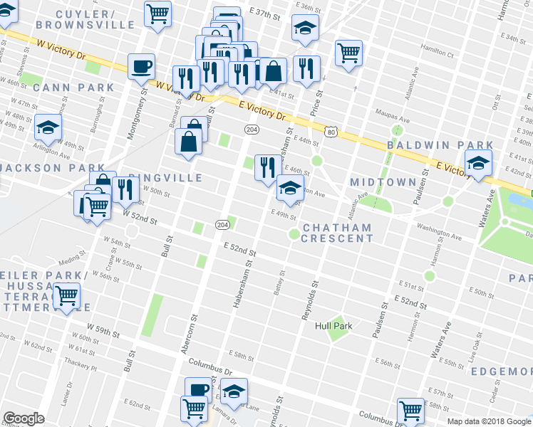 map of restaurants, bars, coffee shops, grocery stores, and more near 204 East 50th Street in Savannah
