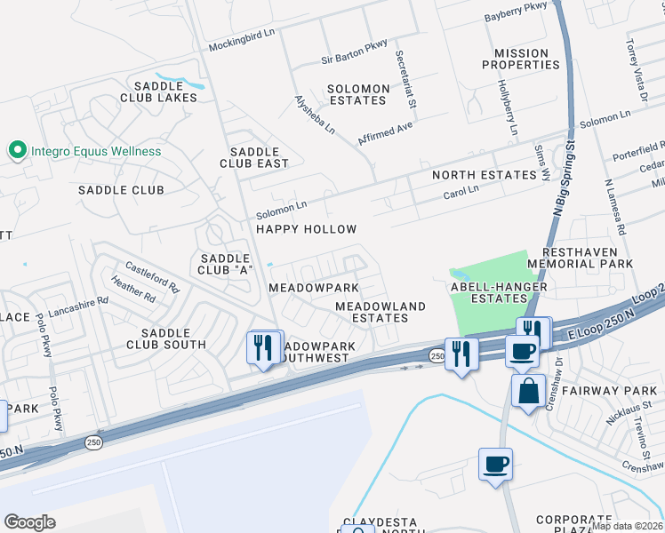 map of restaurants, bars, coffee shops, grocery stores, and more near 603 Meadowpark Drive in Midland