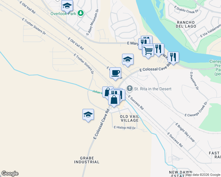 map of restaurants, bars, coffee shops, grocery stores, and more near 13185 East Colossal Cave Road in Vail