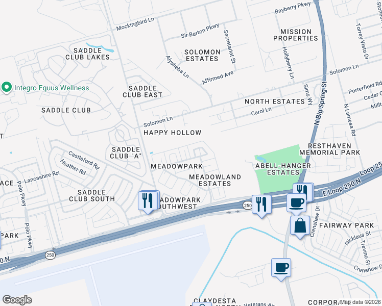 map of restaurants, bars, coffee shops, grocery stores, and more near 603 Meadowpark Drive in Midland