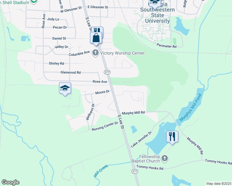map of restaurants, bars, coffee shops, grocery stores, and more near 2006 South Lee Street in Americus