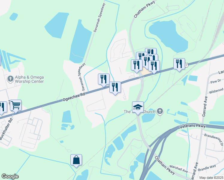 map of restaurants, bars, coffee shops, grocery stores, and more near 4318 Ogeechee Road in Savannah