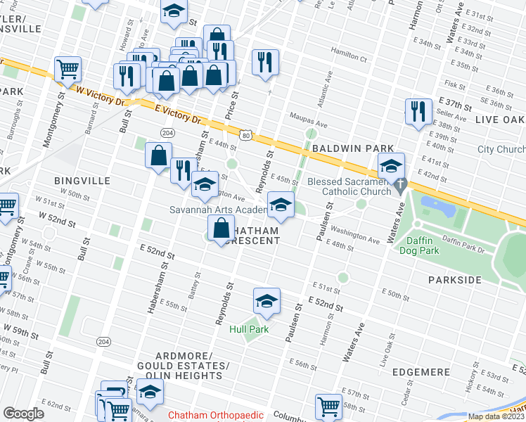map of restaurants, bars, coffee shops, grocery stores, and more near in Savannah