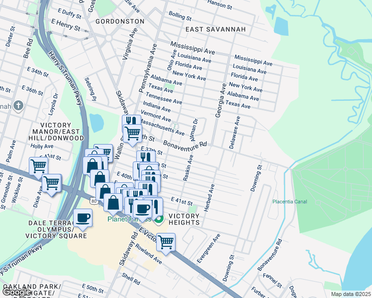 map of restaurants, bars, coffee shops, grocery stores, and more near 2167 Massachusetts Avenue in Savannah