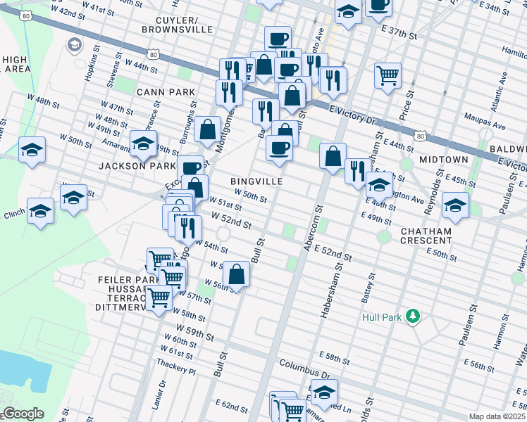 map of restaurants, bars, coffee shops, grocery stores, and more near 15 West 50th Street in Savannah