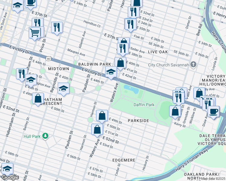 map of restaurants, bars, coffee shops, grocery stores, and more near 740 East 45th Street in Savannah