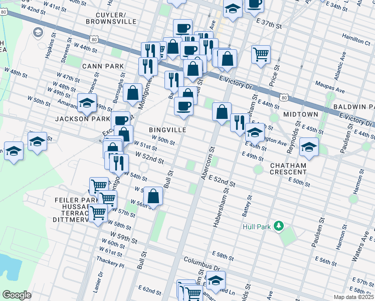 map of restaurants, bars, coffee shops, grocery stores, and more near 2 East 50th Street in Savannah