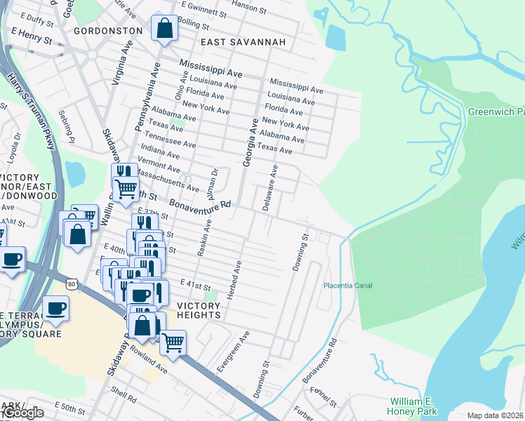 map of restaurants, bars, coffee shops, grocery stores, and more near 1915 Kansas Avenue in Savannah