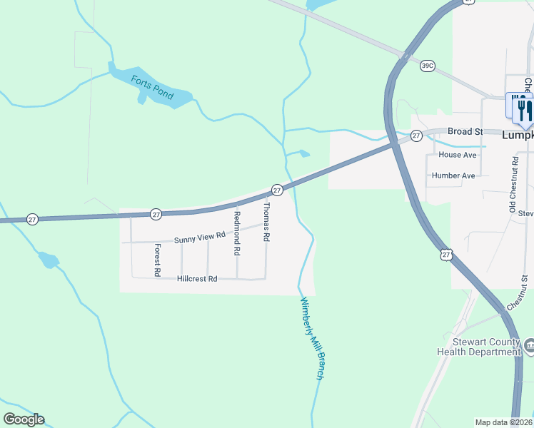map of restaurants, bars, coffee shops, grocery stores, and more near Thomas Road in Lumpkin