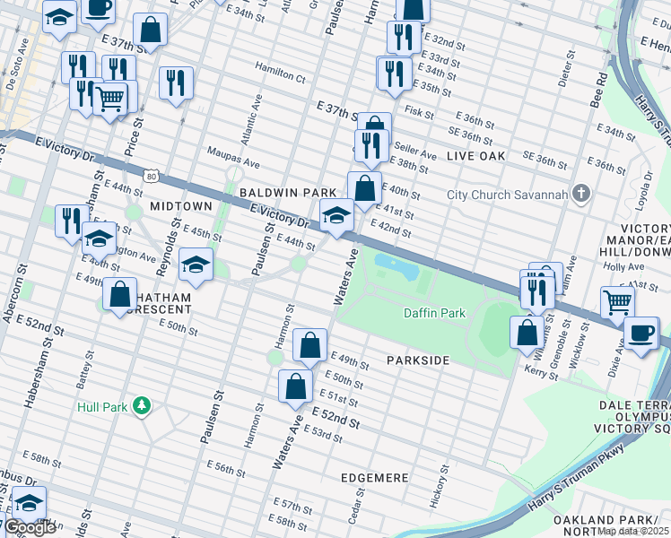 map of restaurants, bars, coffee shops, grocery stores, and more near 711 East 44th Street in Savannah