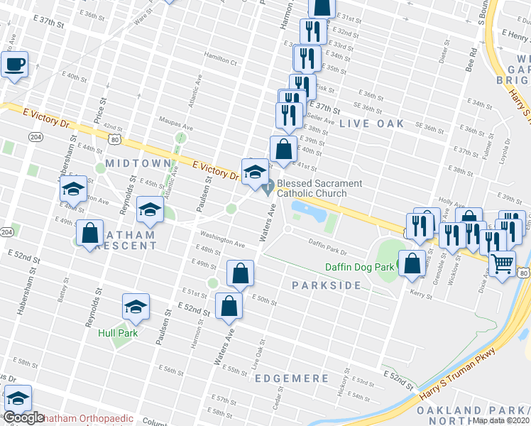 map of restaurants, bars, coffee shops, grocery stores, and more near 1003 East Victory Drive in Savannah