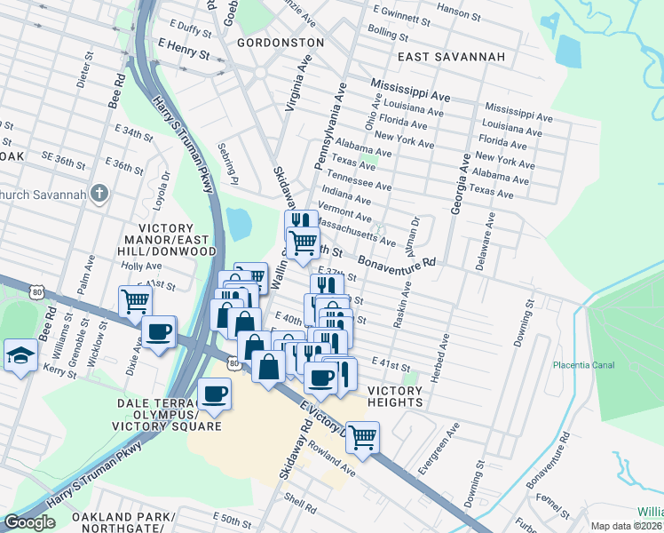 map of restaurants, bars, coffee shops, grocery stores, and more near 2107 East 36th Street in Savannah