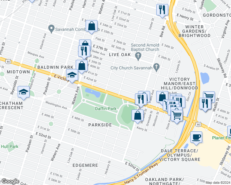 map of restaurants, bars, coffee shops, grocery stores, and more near 1402 East 42nd Street in Savannah