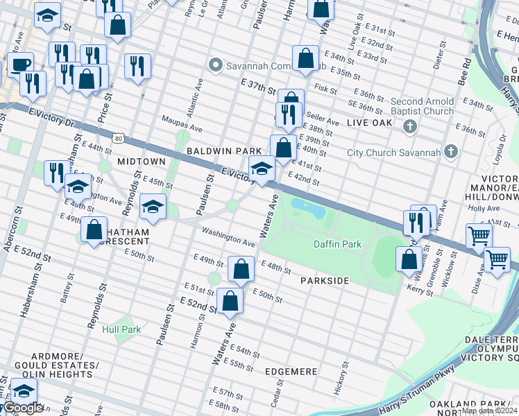 map of restaurants, bars, coffee shops, grocery stores, and more near 711 East 44th Street in Savannah
