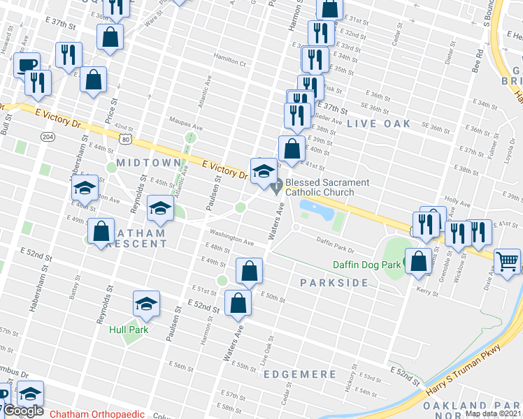map of restaurants, bars, coffee shops, grocery stores, and more near 711 East 44th Street in Savannah