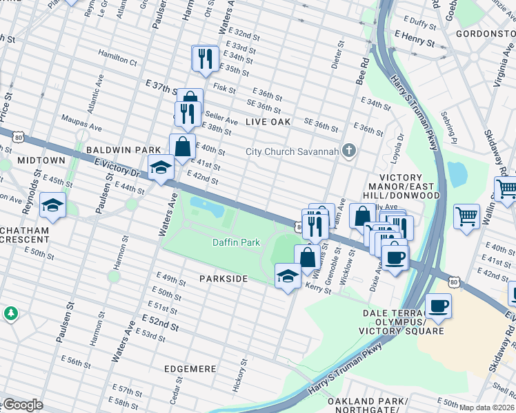 map of restaurants, bars, coffee shops, grocery stores, and more near 1402 East 42nd Street in Savannah