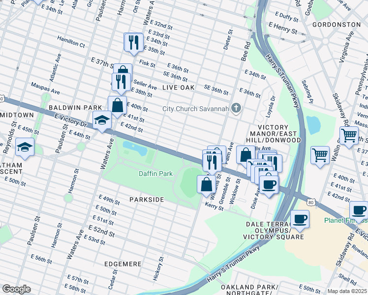 map of restaurants, bars, coffee shops, grocery stores, and more near 1402 East 42nd Street in Savannah