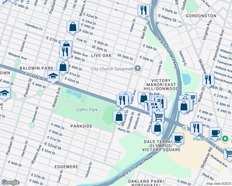 map of restaurants, bars, coffee shops, grocery stores, and more near 1427 East 41st Street in Savannah