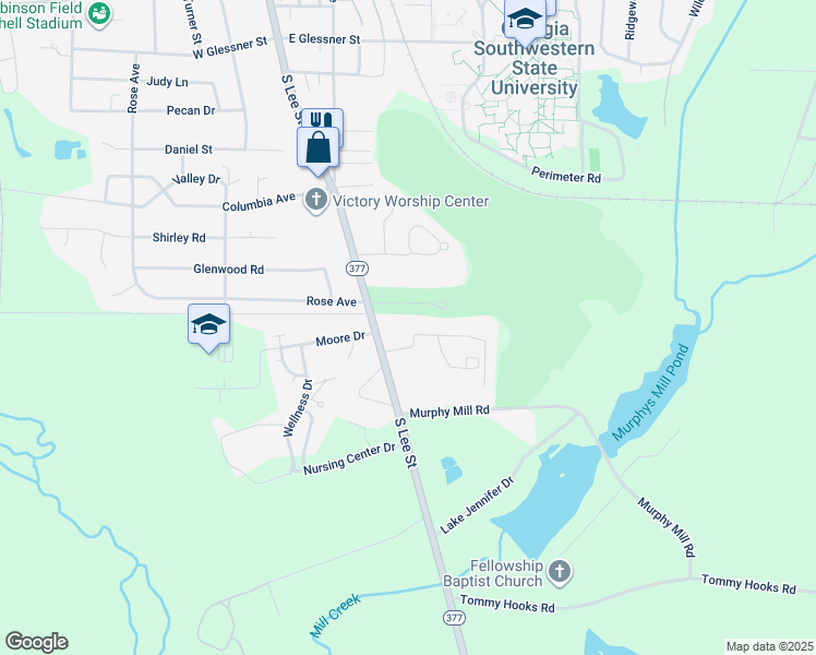 map of restaurants, bars, coffee shops, grocery stores, and more near 108 Country Club Drive in Americus